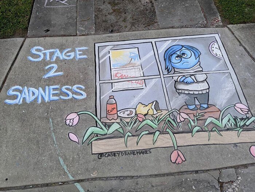 Disney characters about quarantine in beautiful sidewalk chalk drawings