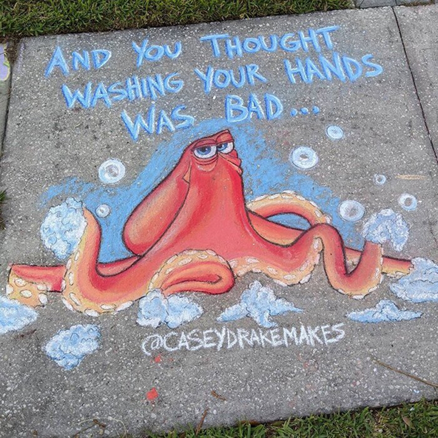 Disney characters about quarantine in beautiful asphalt chalk drawings