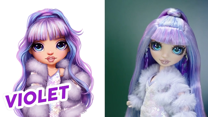 Violet Willow Rainbow High doll with art