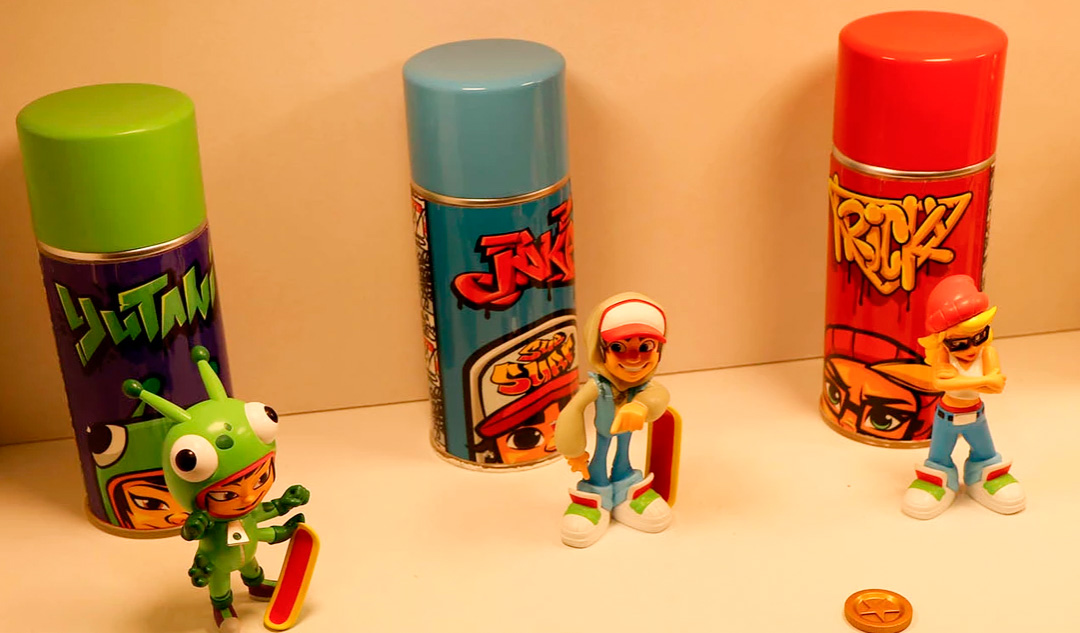 SUBWAY SURFERS SPRAY CREW JAKE-FRANK-TRICKY 4” FIGURE INSIDE THE CAN