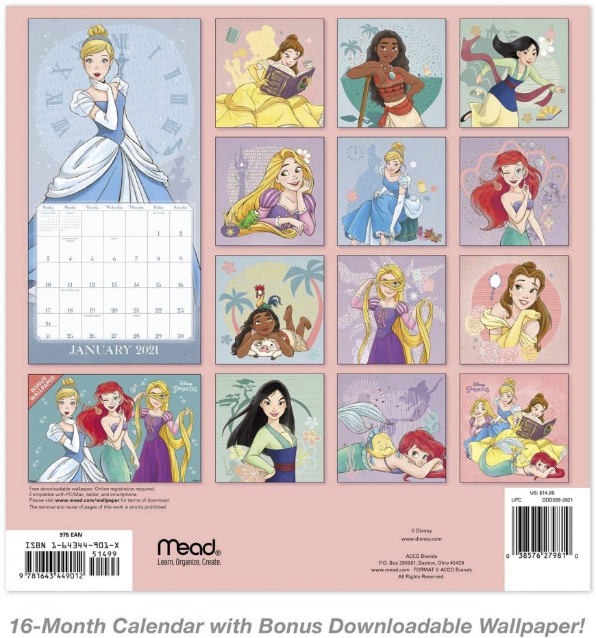 Disney Princess new monthly wall Calendar 2021 - YouLoveIt.com