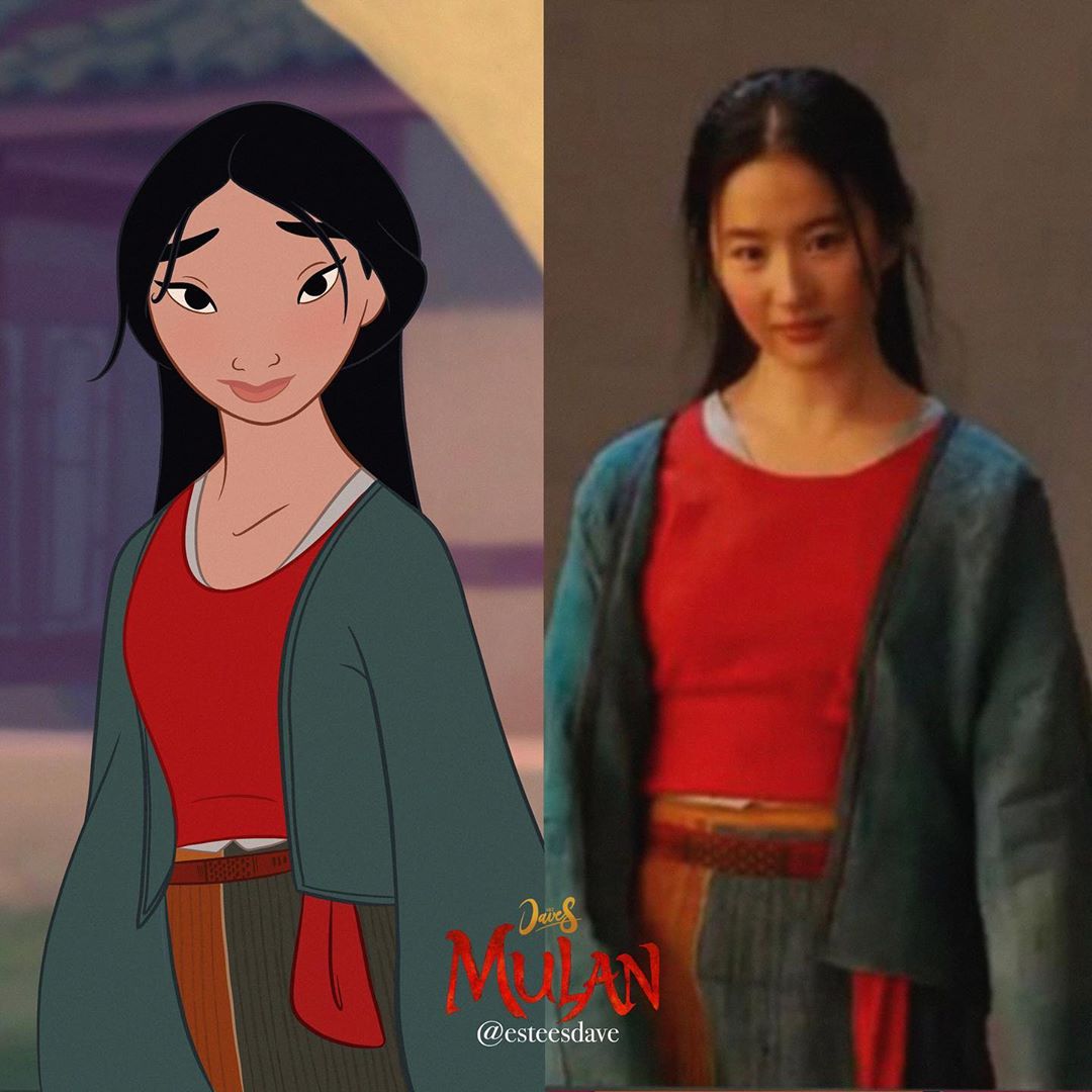 Mulan from animated movie in the outfits of Mulan 2020 live action  adaptation 