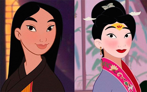 Mulan from animated movie in the outfits of Mulan 2020 live action adaptation