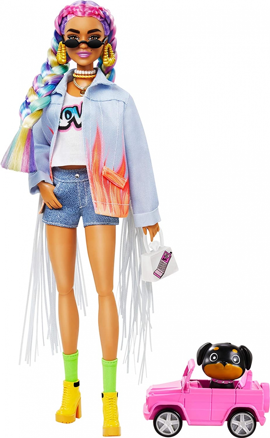 Barbie Extra Doll №5 in Long-Fringe Denim Jacket with Pet Puppy with  Rainbow Braids