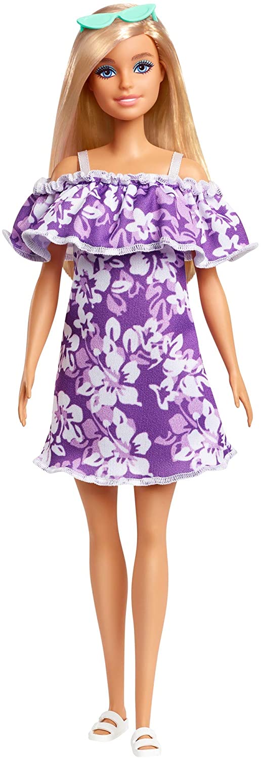 Barbie Loves the Ocean, blonde purple floral dress with ruffle doll
