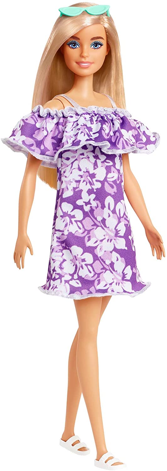 Barbie Loves the Ocean, blonde purple floral dress with ruffle doll