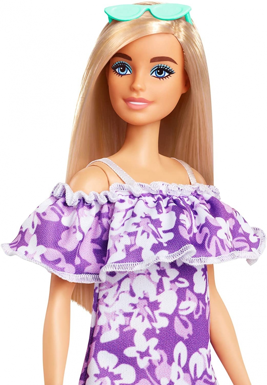 Barbie Loves the Ocean, blonde purple floral dress with ruffle doll
