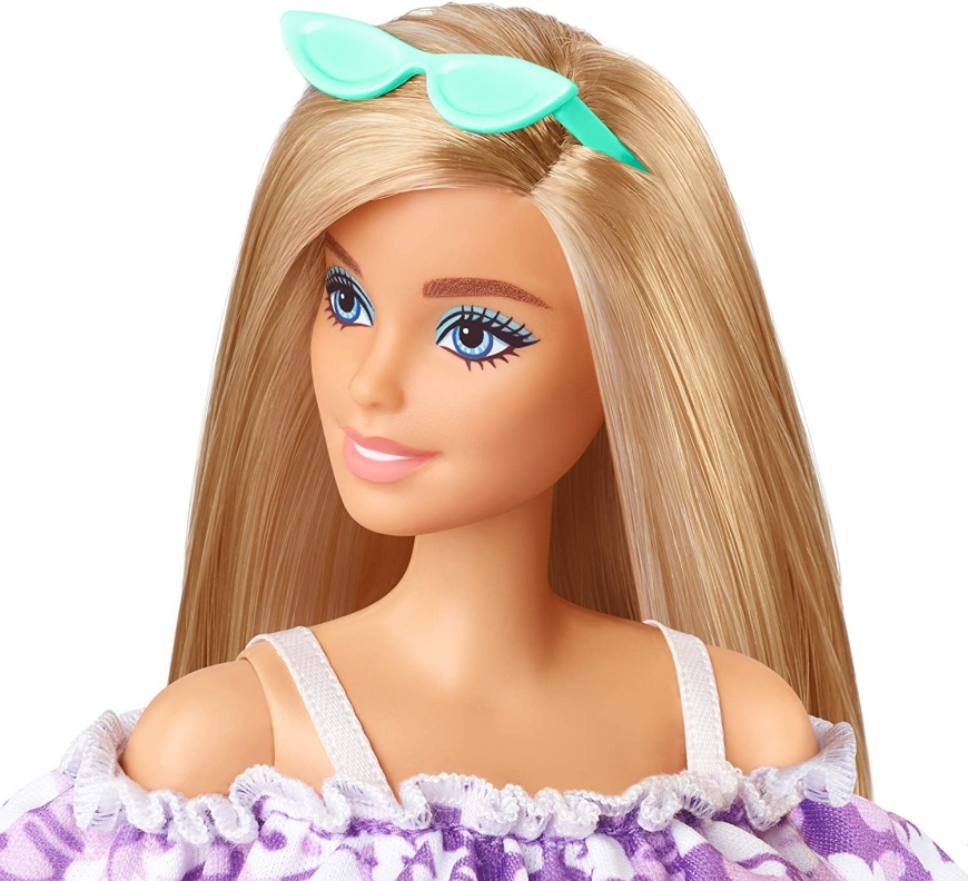 Barbie Loves the Ocean, blonde purple floral dress with ruffle doll