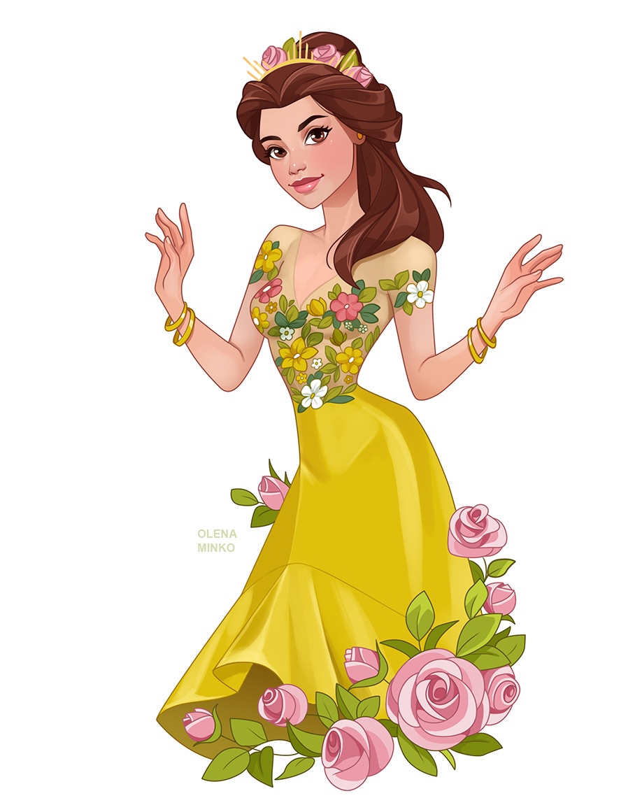 Disney Princesses in floral dresses and flower crowns 