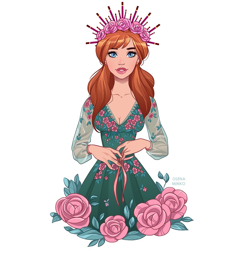 Disney Princesses in floral dresses and flower crowns 
