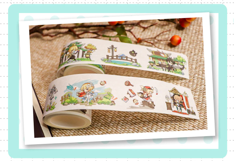 Super cute Genshin Impact washi tape with Venti, Zhongli, Diluc, Keqing, Klee and other characters