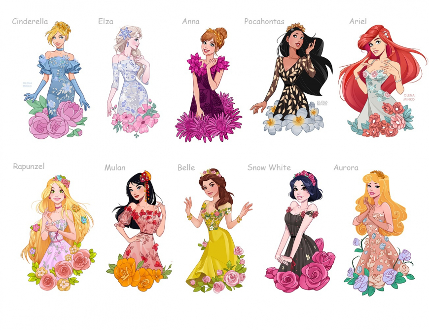 Disney Princesses in floral dresses and flower crowns - YouLoveIt.com