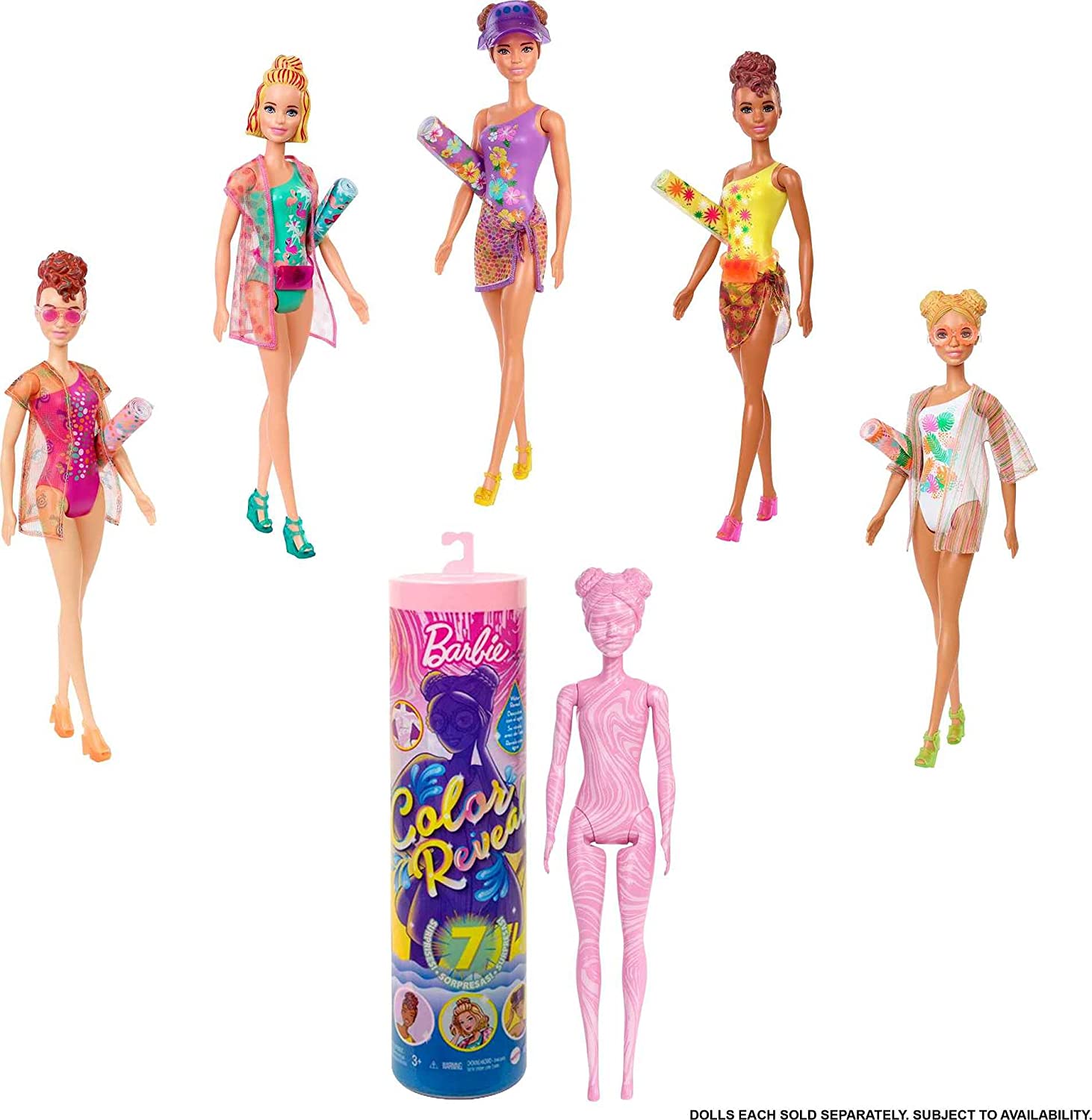 Barbie Color Reveal Holiday Summer Love Series dolls with towels, and