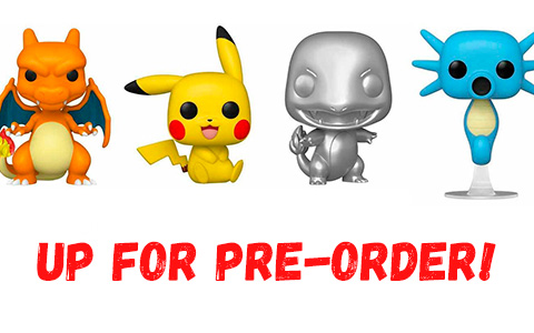 New Pokemon Funko Pop figures: Sitting Pikachu, Silver Charmander, Charizard and Horsea