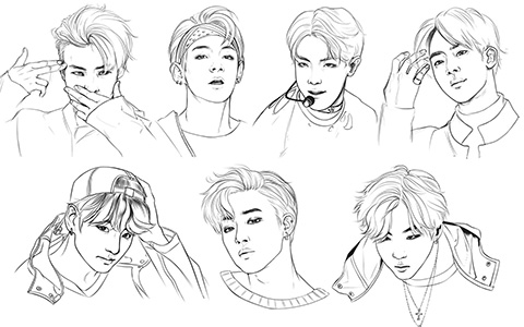 BTS coloring pages with big had and not so big pictures