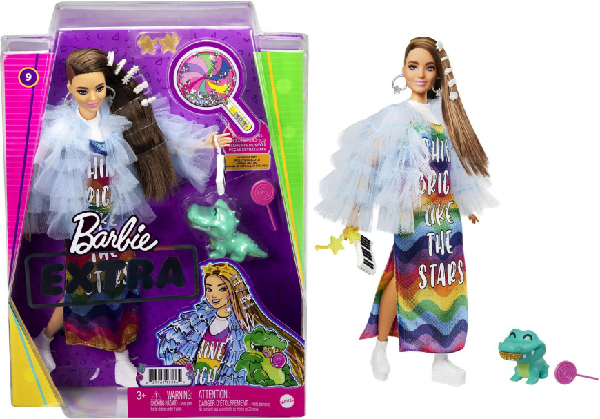 Barbie Extra Doll 2021 Yellow coat in rainbow dress - GYJ78