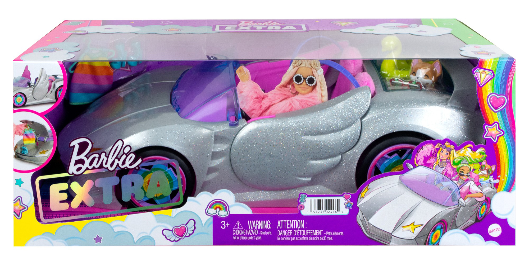Barbie Extra Vehicle sparkly silver 2seater car with rolling wheels