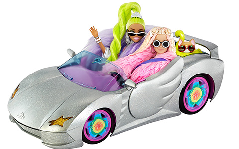 Barbie Extra Vehicle - sparkly silver 2-seater car with rolling wheels