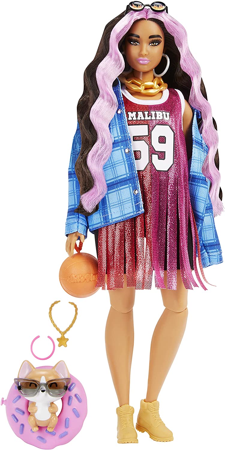 Barbie Extra Doll #13 in Basketball Jersey Dress & Accessories, with Pet Corgi, Extra-Long Crimped Hair with Pink Streaks HDJ46