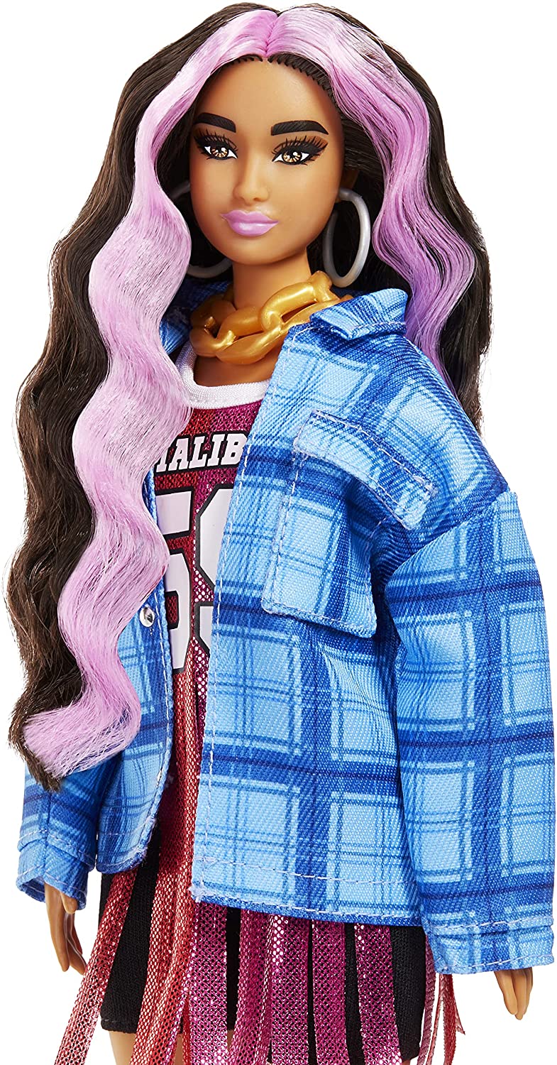 Barbie Extra Doll #13 in Basketball Jersey Dress & Accessories, with Pet Corgi, Extra-Long Crimped Hair with Pink Streaks HDJ46