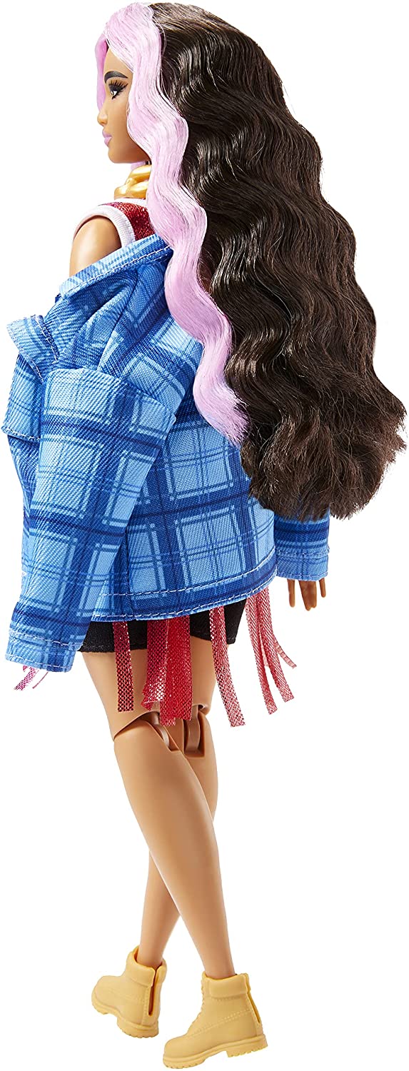 Barbie Extra Doll #13 in Basketball Jersey Dress & Accessories, with Pet Corgi, Extra-Long Crimped Hair with Pink Streaks HDJ46