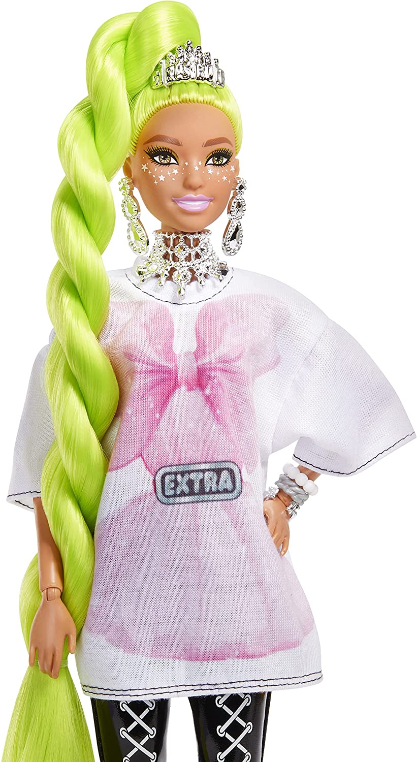 Barbie Extra Doll #11 in Oversized Tee & Leggings with Pet Parrot, Extra-Long Neon-Green Hair HDJ44