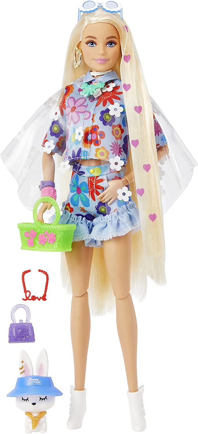 Barbie Extra Doll #12 in Floral 2-Piece Fashion & Accessories, with Pet Bunny, Extra-Long Blonde Hair with Heart Icons HDJ45