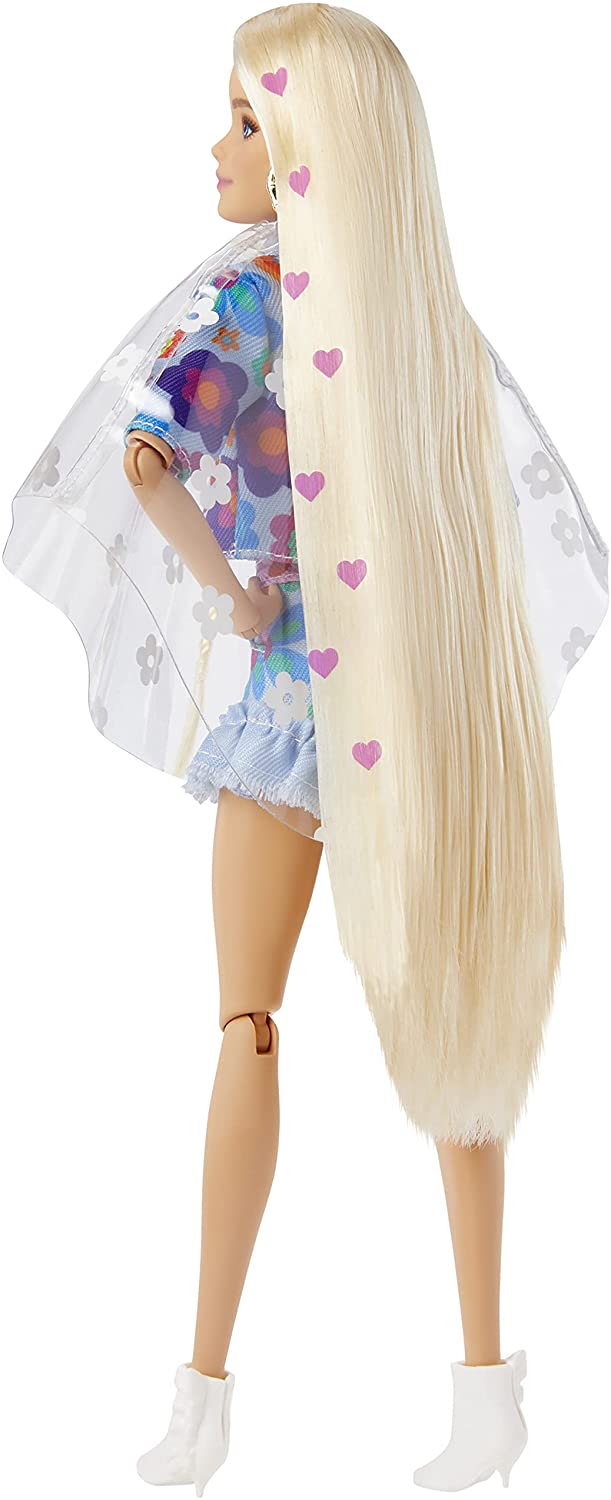 Barbie Extra Doll #12 in Floral 2-Piece Fashion & Accessories, with Pet Bunny, Extra-Long Blonde Hair with Heart Icons HDJ45