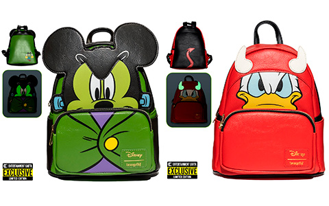 Loungefly glow in the dark limited edition Mickey and Devil Donald backpacks and pins