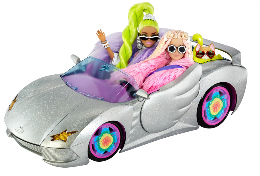 Barbie Extra Vehicle - sparkly silver 2-seater car with rolling wheels