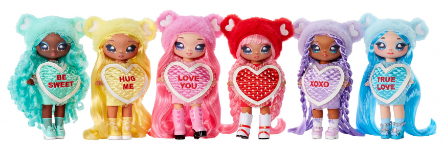 Na Na Na Surprise Sweetest Hearts dolls: Valentina Moore, Gisele Goodheart, Eva Evermore, Lily Sarang, Cynthia Sweets and Maria Buttercup
