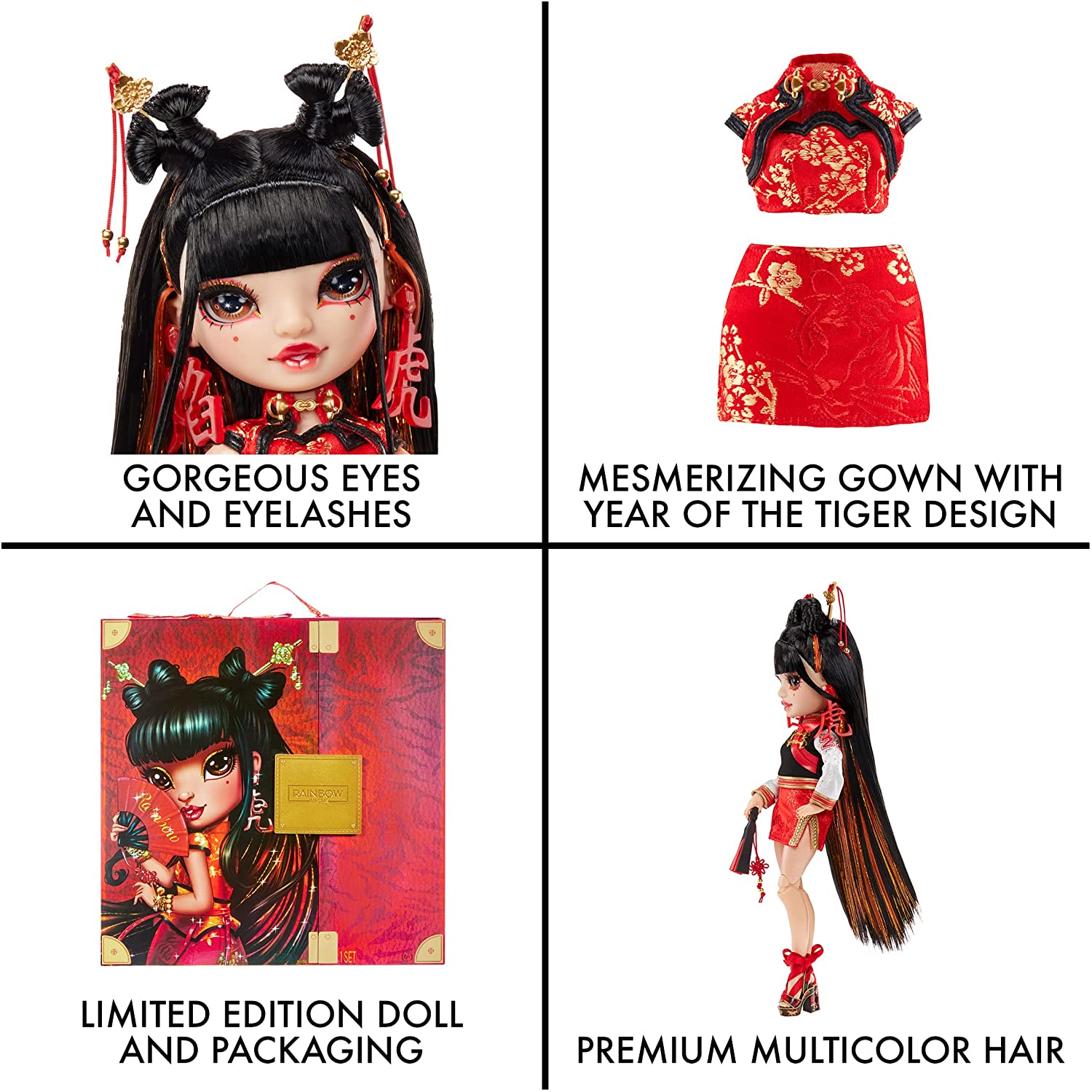 Multicolor Rainbow High Chinese New Year Collector Doll 2 Gorgeous Outfits to Mix & Match and Premium Doll Accessories - 2022 Year of The Tiger Lily Cheng with Multicolored Rainbow Hair 11-inch 