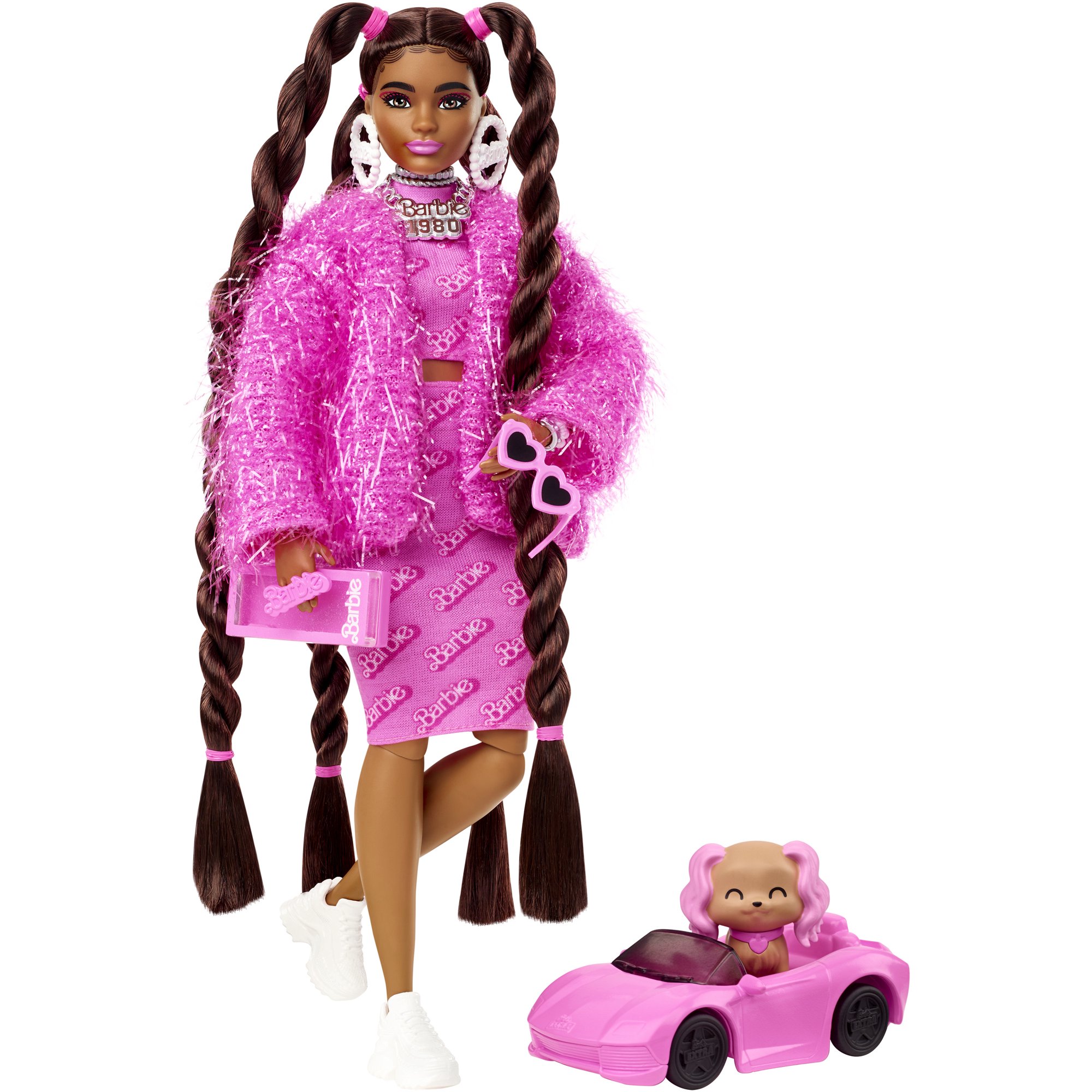 Barbie Extra Fashion Doll with Black Hair, Metallic Silver Jacket,  Accessories and Pet 