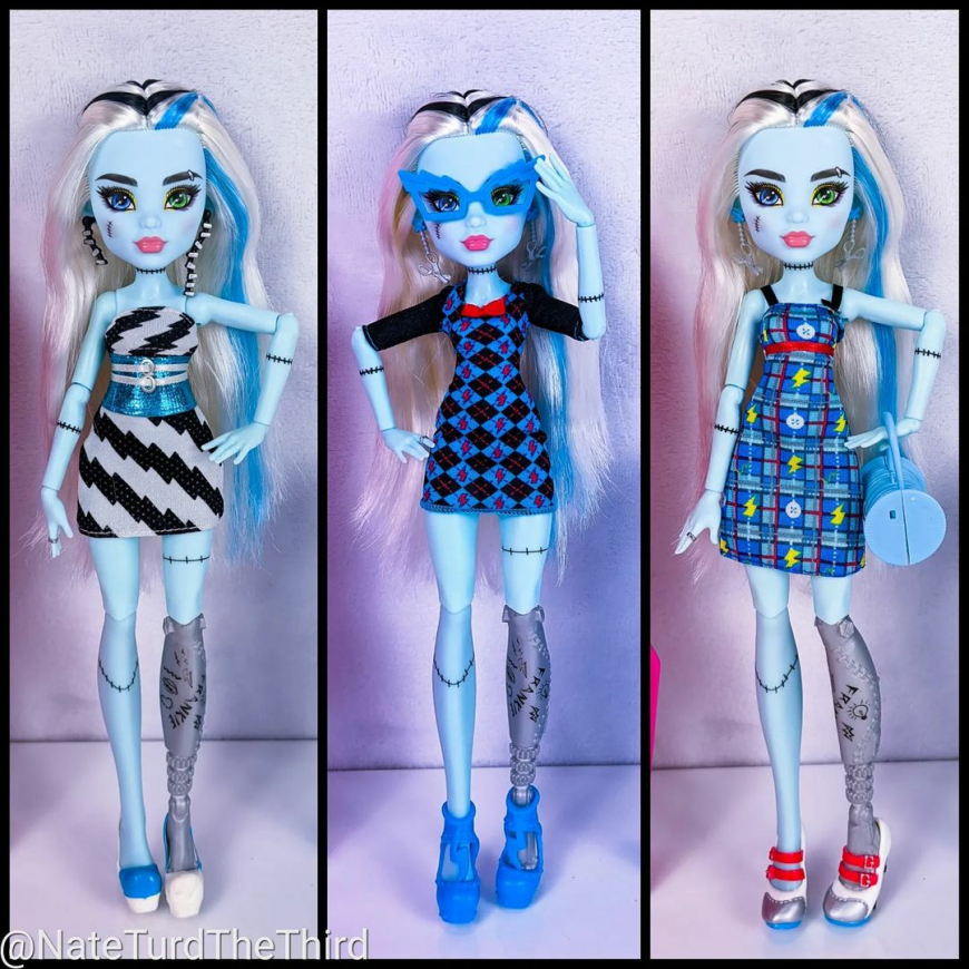 Frankie G3 doll in different outfits from her previous versions