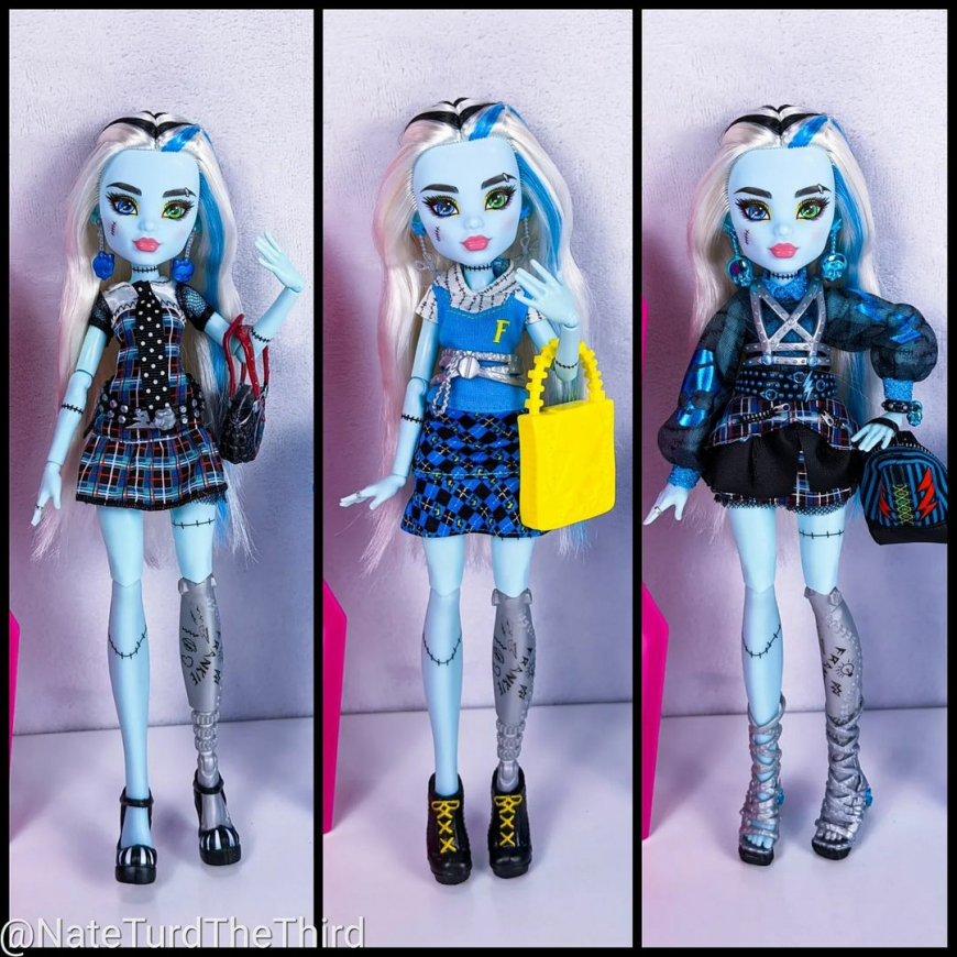 Frankie G3 doll in different outfits from her previous versions