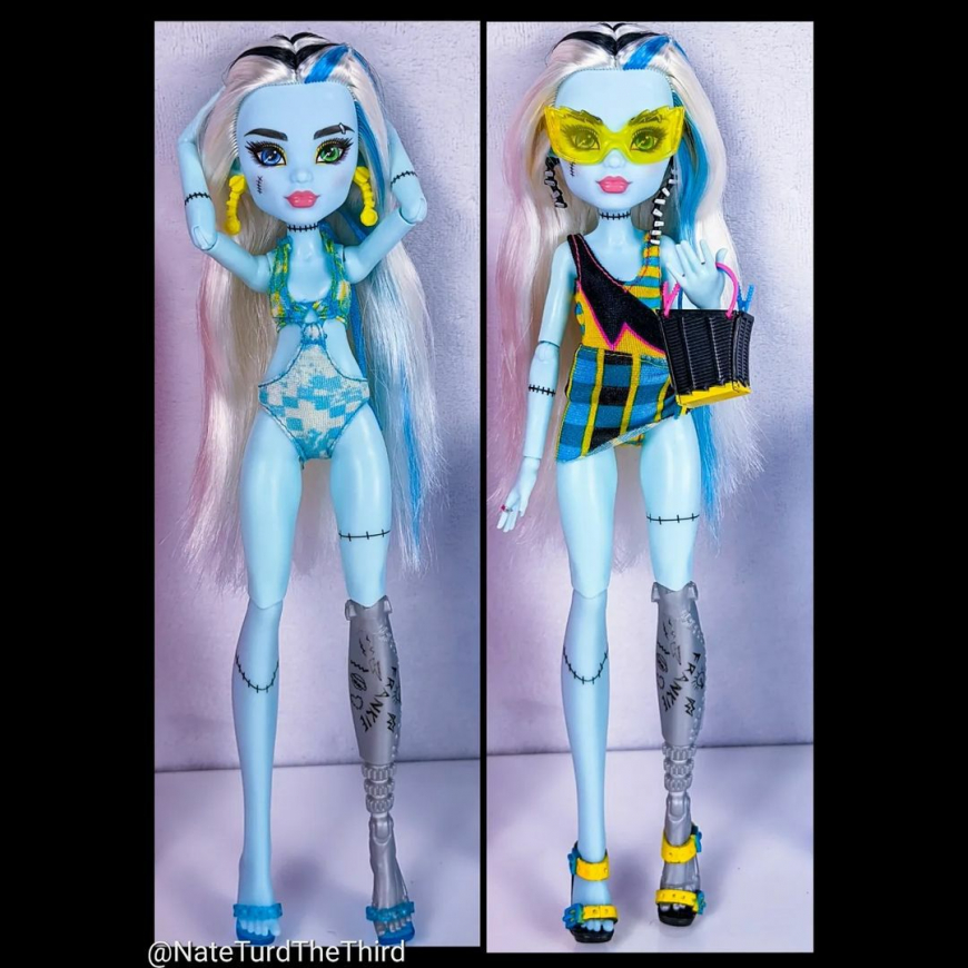 Frankie G3 doll in different outfits from her previous versions