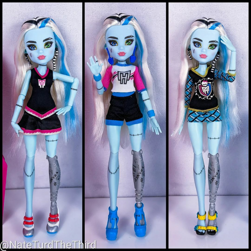 Frankie G3 doll in different outfits from her previous versions