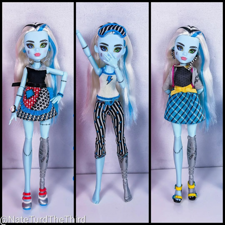 Frankie G3 doll in different outfits from her previous versions