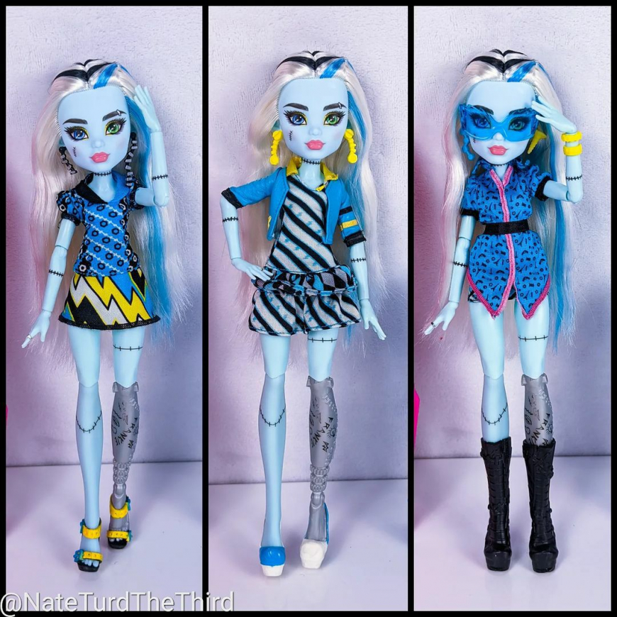 Frankie G3 doll in different outfits from her previous versions