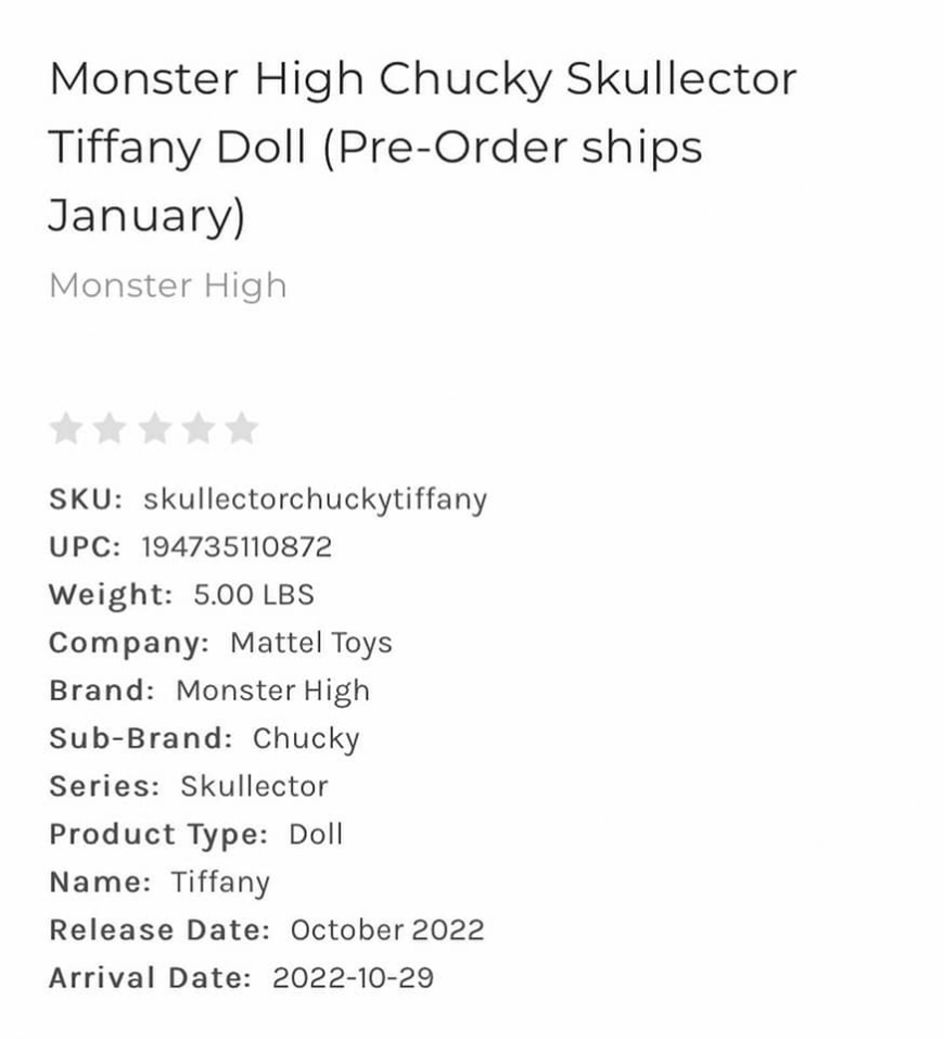 Monster High Collector Chucky Tiffany Doll 2023