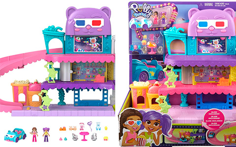 Polly Pocket Pollyville Drive-in Movie Theater with dolls, toy car and accessories