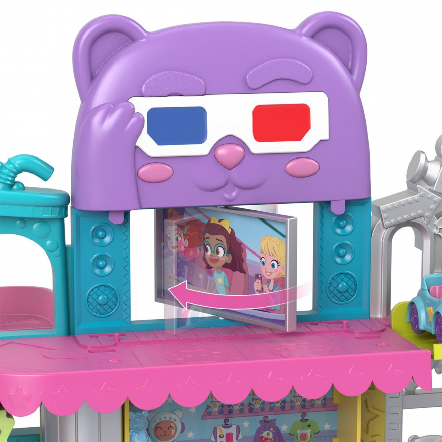 Polly Pocket Pollyville Drive-in Movie Theater playset with dolls, toy car and accessories
