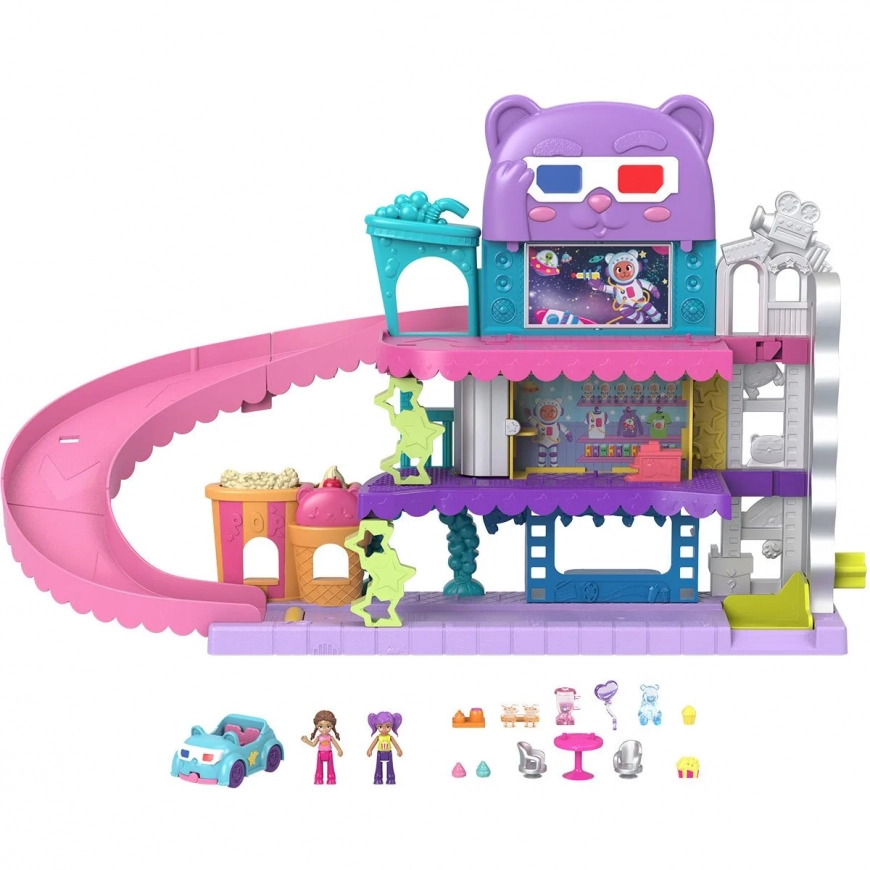 Polly Pocket Pollyville Drive-in Movie Theater playset with dolls, toy car and accessories