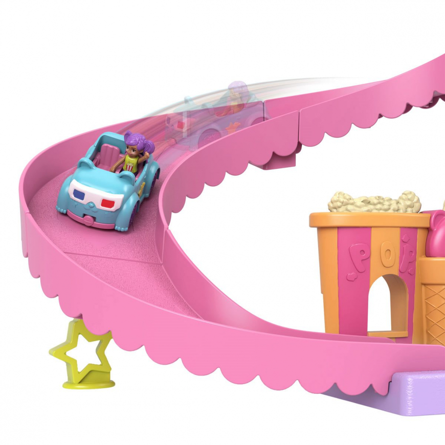 Polly Pocket Pollyville Drive-in Movie Theater playset with dolls, toy car and accessories