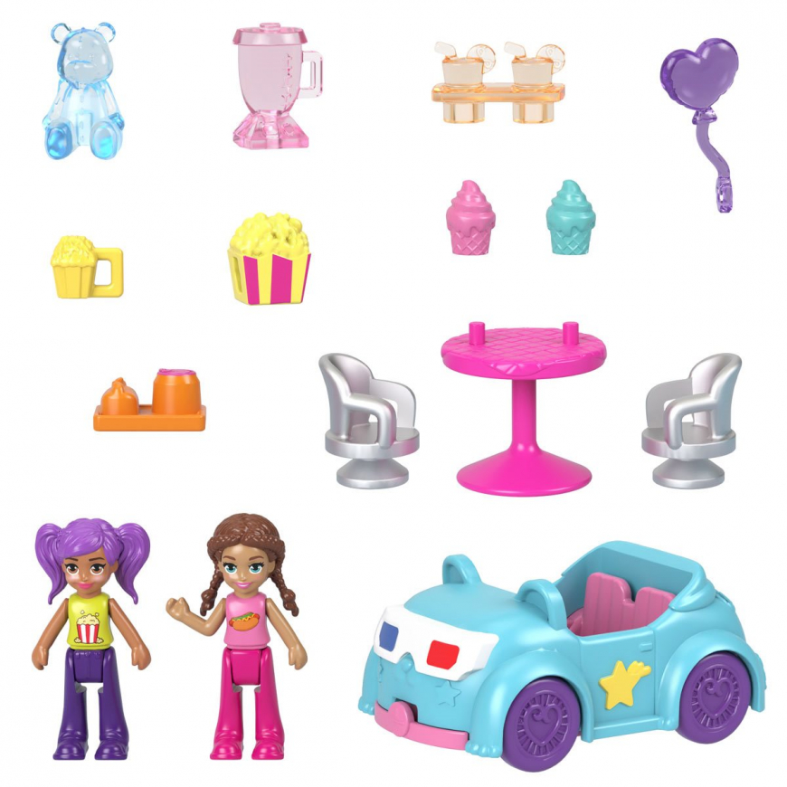 Polly Pocket Pollyville Drive-in Movie Theater playset with dolls, toy car and accessories