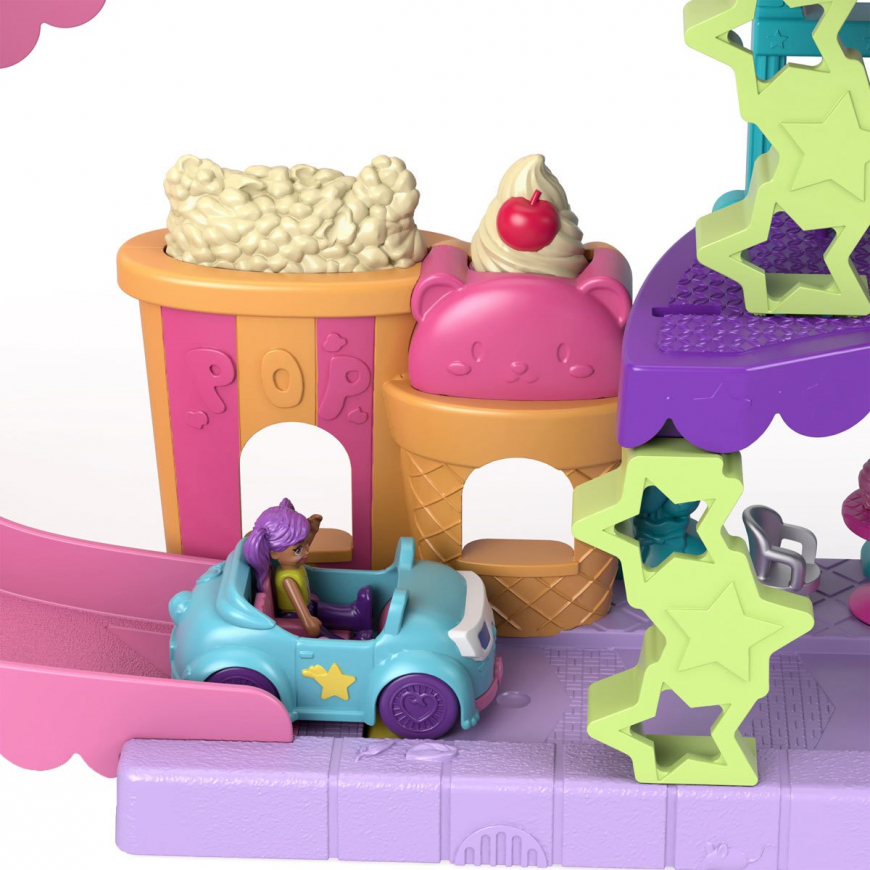 Polly Pocket Pollyville Drive-in Movie Theater playset with dolls, toy car and accessories