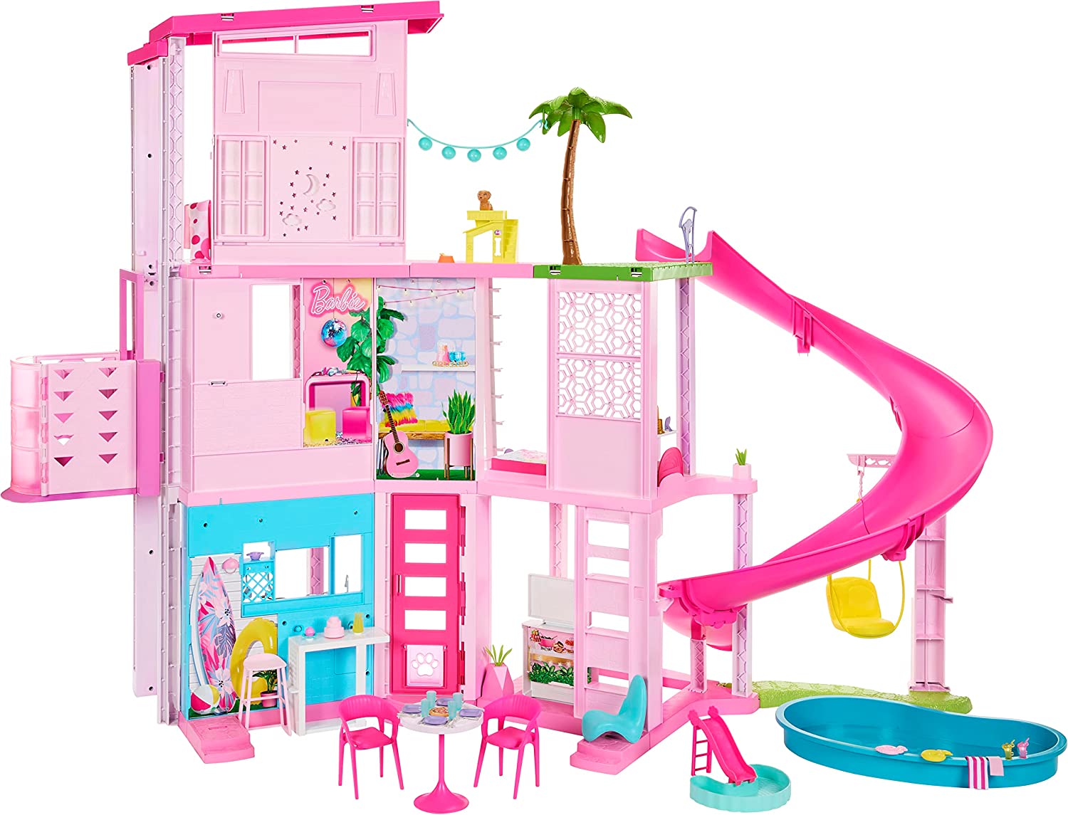 Doll House Dream House Furniture Pink Girl Toys with 3 Dolls Toy Figures  Slide