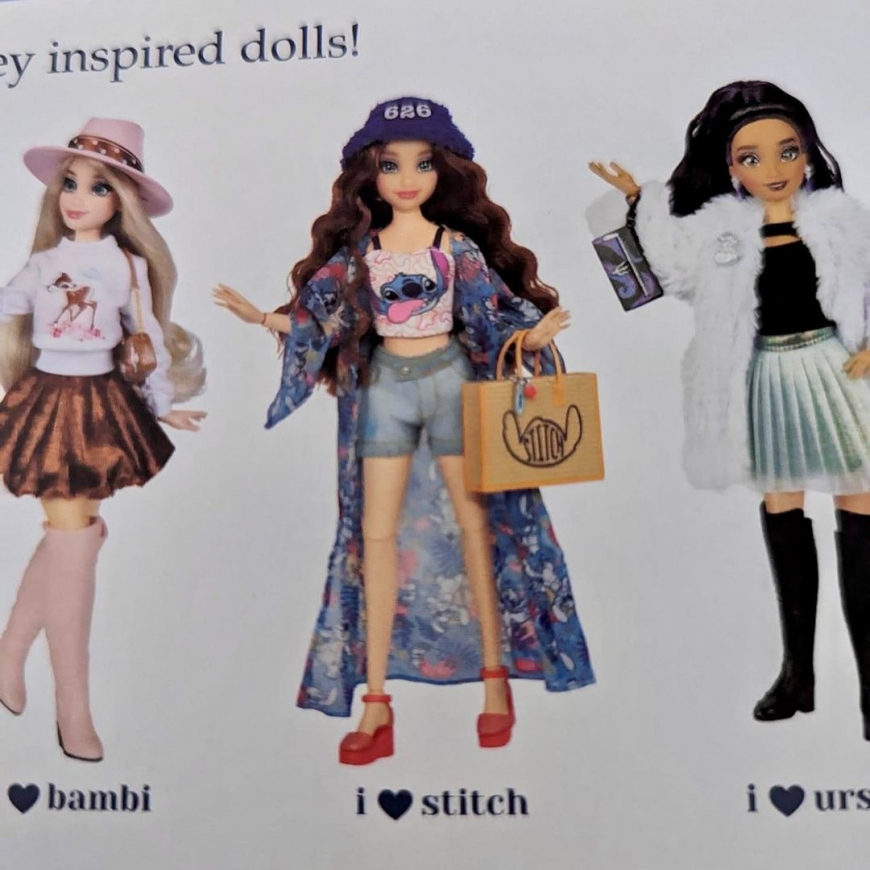 Disney ily 4ever dolls 2023: Ursula, Bambi, Mickey Mouse, and Stitch.