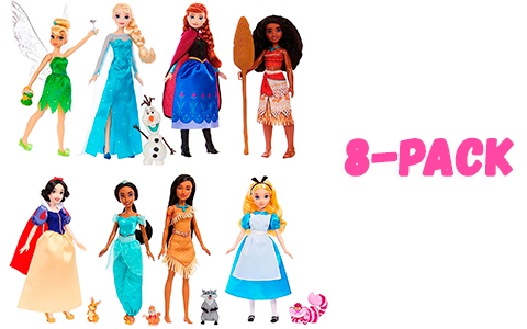 Disney 100 8-Pack doll set from Mattel with Snow White, Alice in Wonderland, Tinker Bell, Jasmine from Aladdin, Pocahontas, Anna and Elsa from Frozen, and Moana