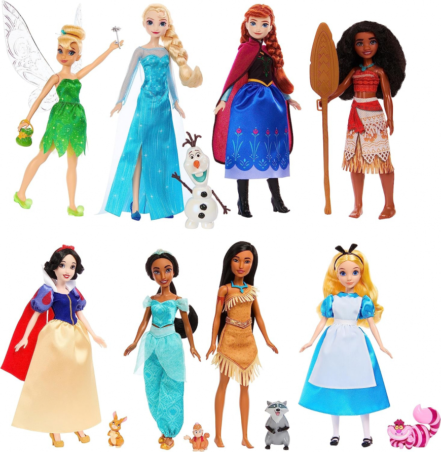 Disney 100 8-Pack doll set from Mattel with Snow White, Alice in Wonderland, Tinker Bell, Jasmine from Aladdin, Pocahontas, Anna and Elsa from Frozen, and Moana